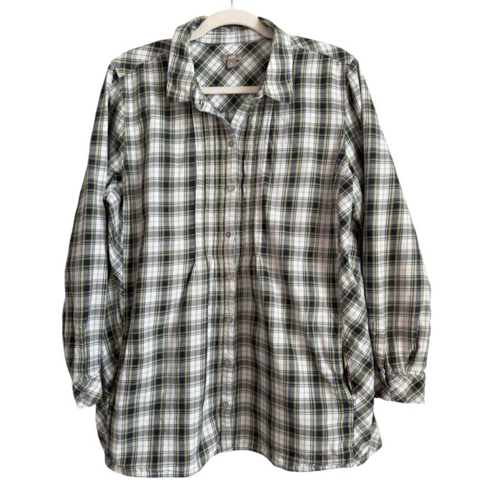 J.Jill Plaid Button Up Tunic XL Green Pleat Utility Coastal Grandma Classic Fall